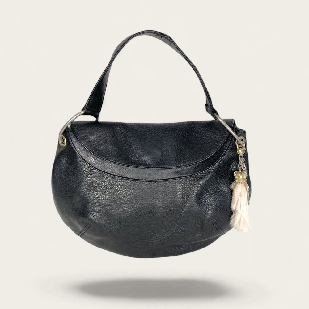 Vintage Y2K Juicy Couture Princess Black Leather Hobo Bag Rabbit Foot Charm